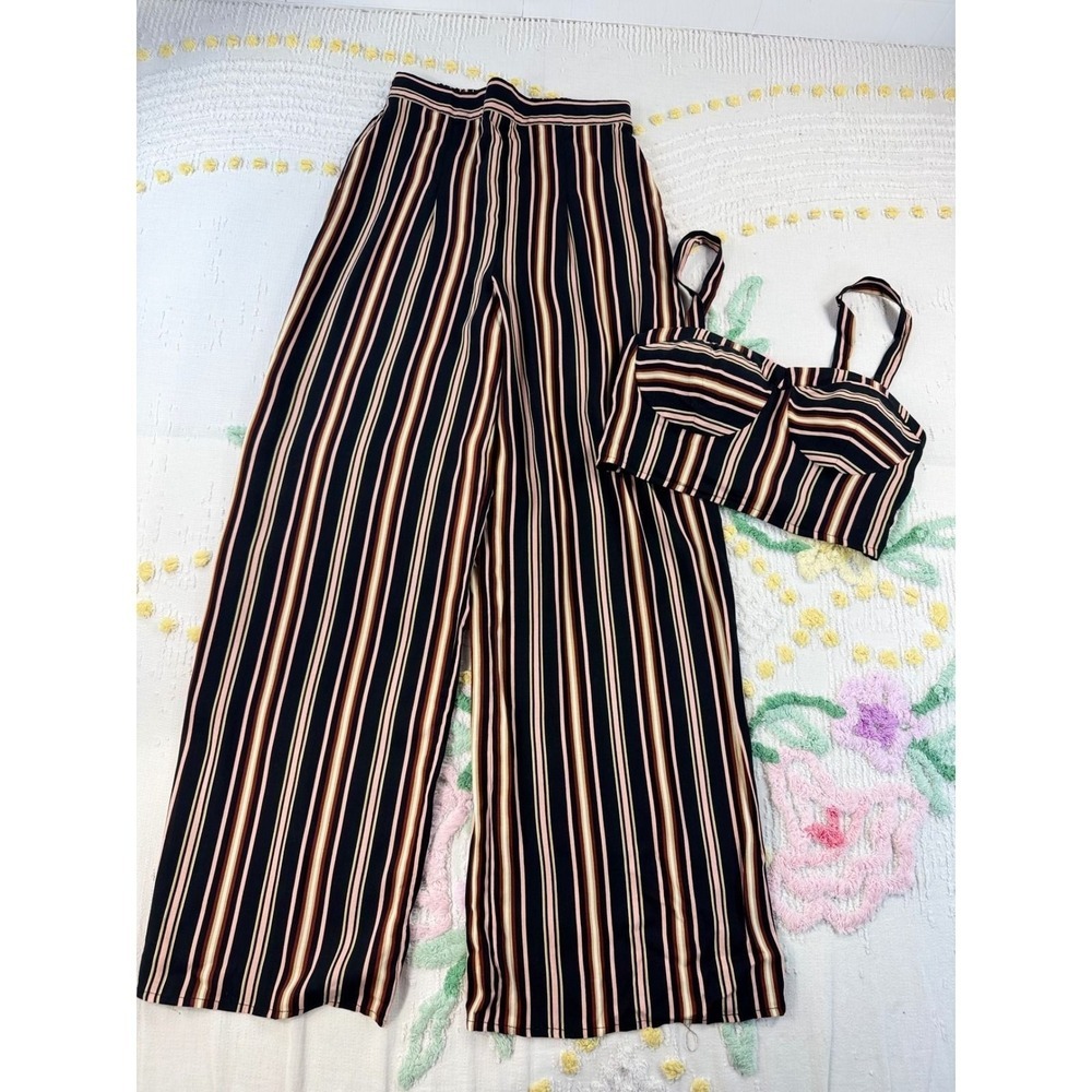 Live To Be Spoiled Striped Two Piece Set Crop Top Wide Leg Pants XS S KOLB017J - Picture 2 of 11
